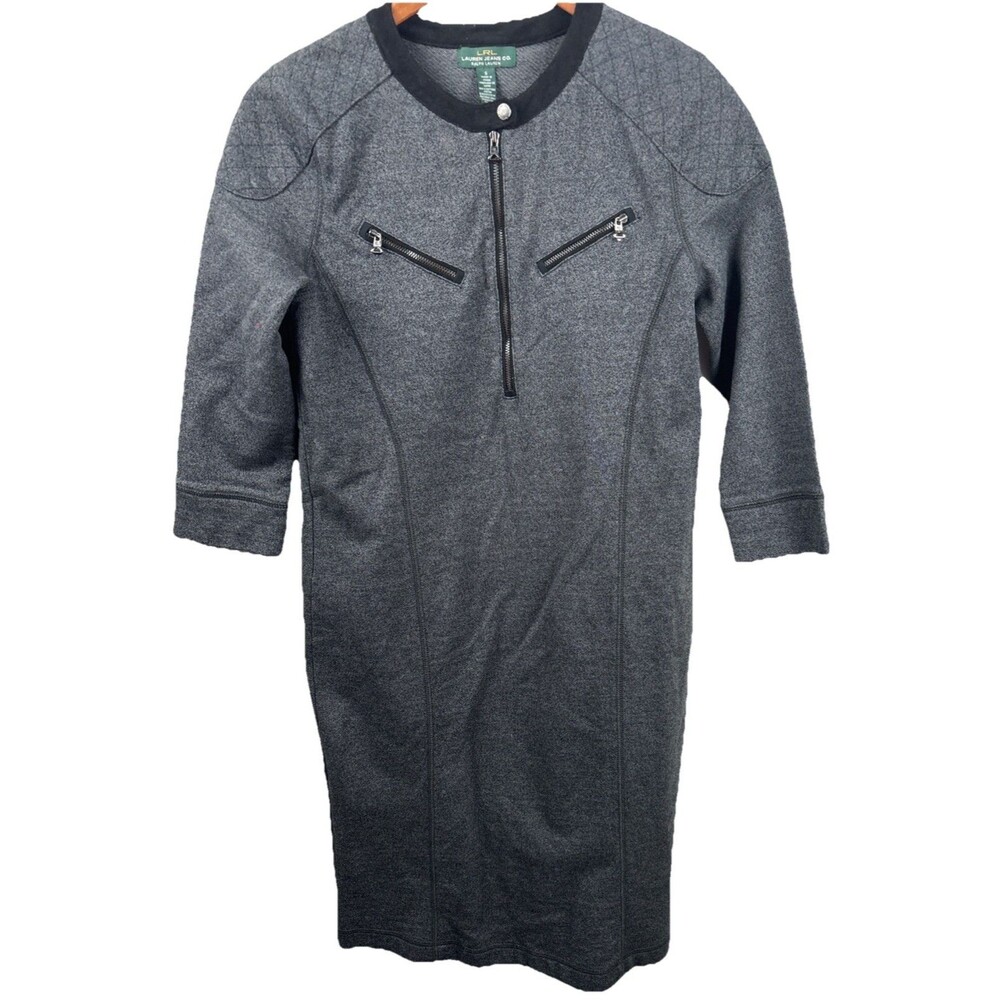 LRL Lauren Jeans Co Womens Size Small Charcoal Shift Sweater Dress Zip Quilted